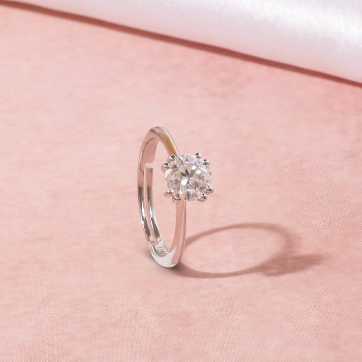 Round Moissanite Double Prong Solitaire Ring - 1 Carat In 14K White Gold Plated (Adjustable)