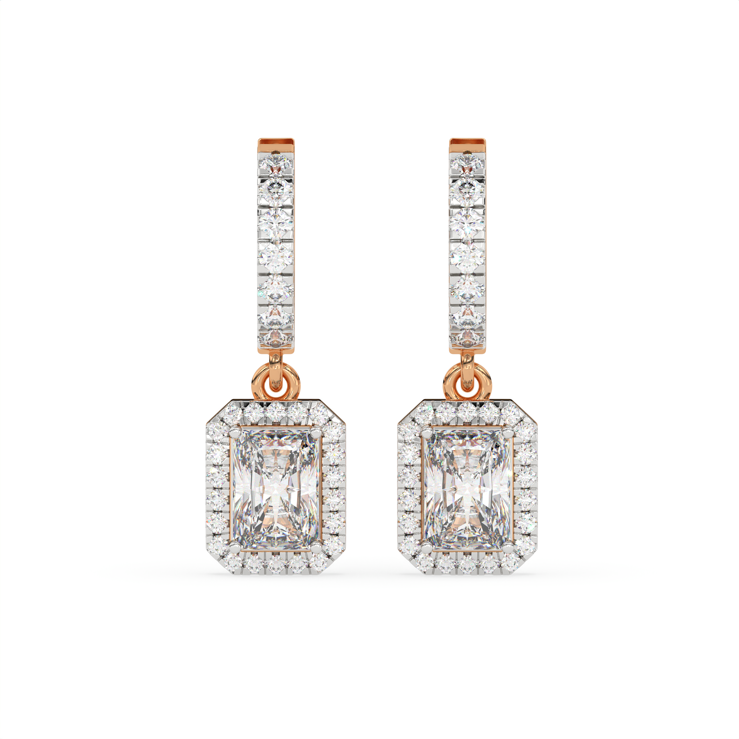 2.30 CT Emerald Cut Moissanite Halo Drop Earrings in 925 Sterling Silver with Gold Vermeil