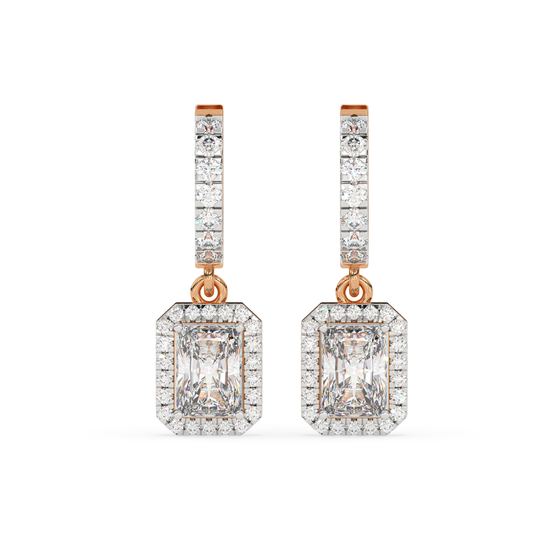 2.30 CT Emerald Cut Moissanite Halo Drop Earrings in 925 Sterling Silver with Gold Vermeil