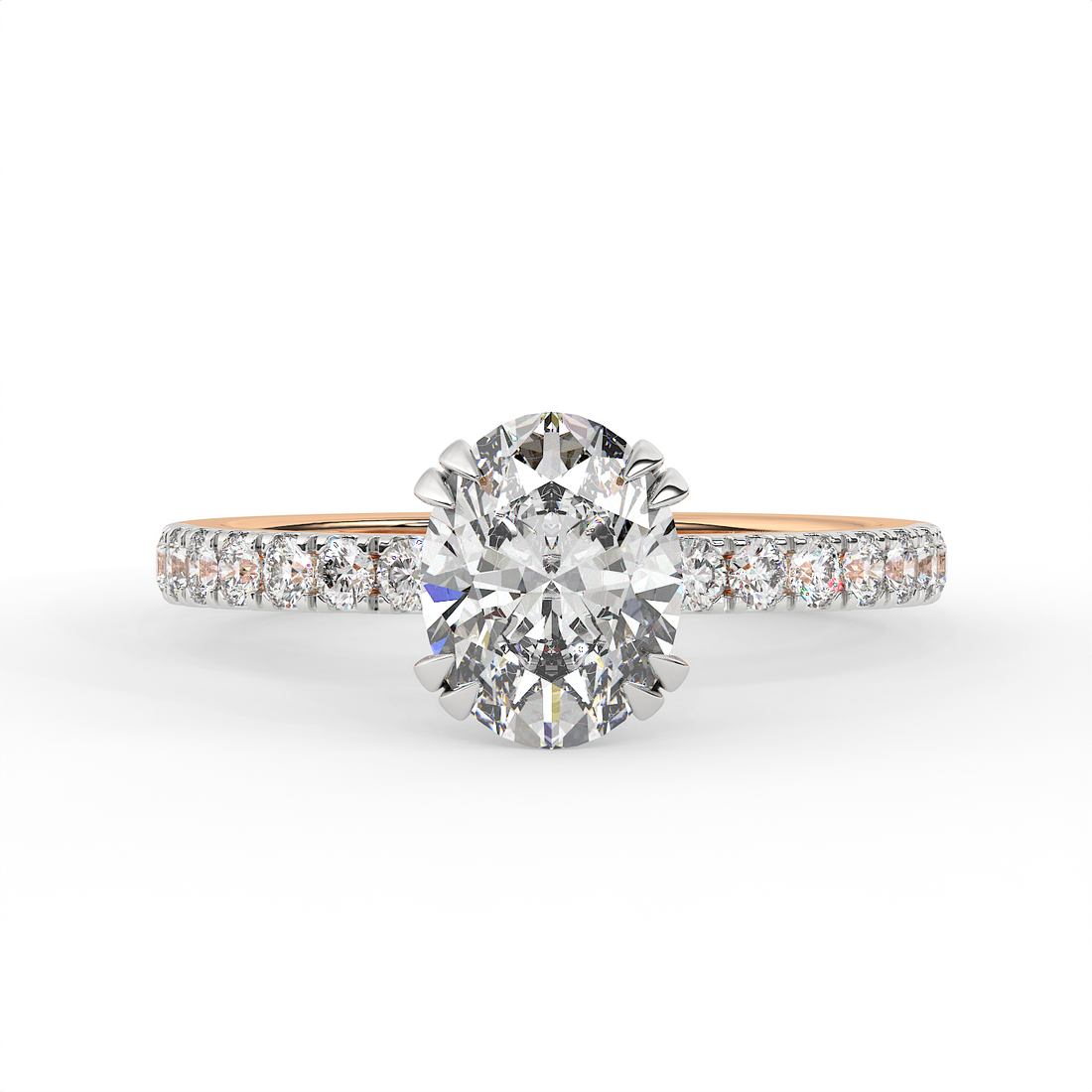 2.3 CT Oval Cut Moissanite Engagement Ring with Pavé Side Accents in 925 Sterling Silver with 14K Gold Vermeil Plating