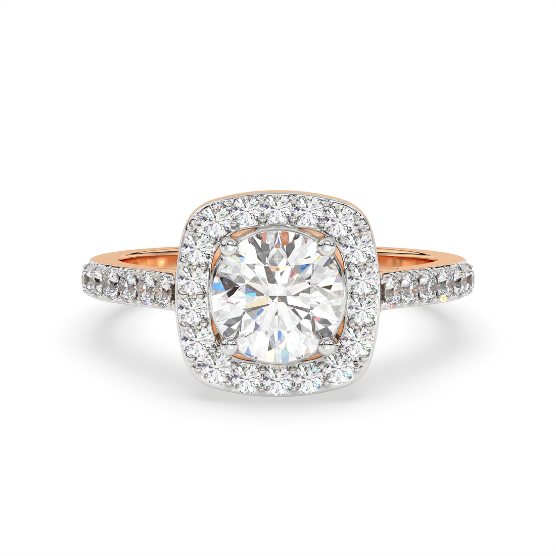 1.5 CT Round Cut Moissanite Halo Engagement Ring with Pavé Side Accents in 925 Sterling Silver with 14K Gold Vermeil Plating