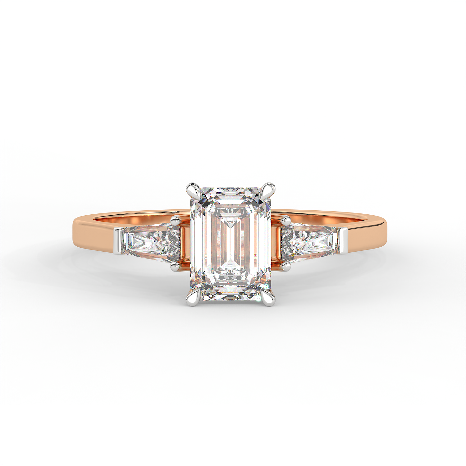 1.3 CT Emerald Cut Moissanite Trilogy Engagement Ring with Tapered Baguette Side Stones in 925 Sterling Silver