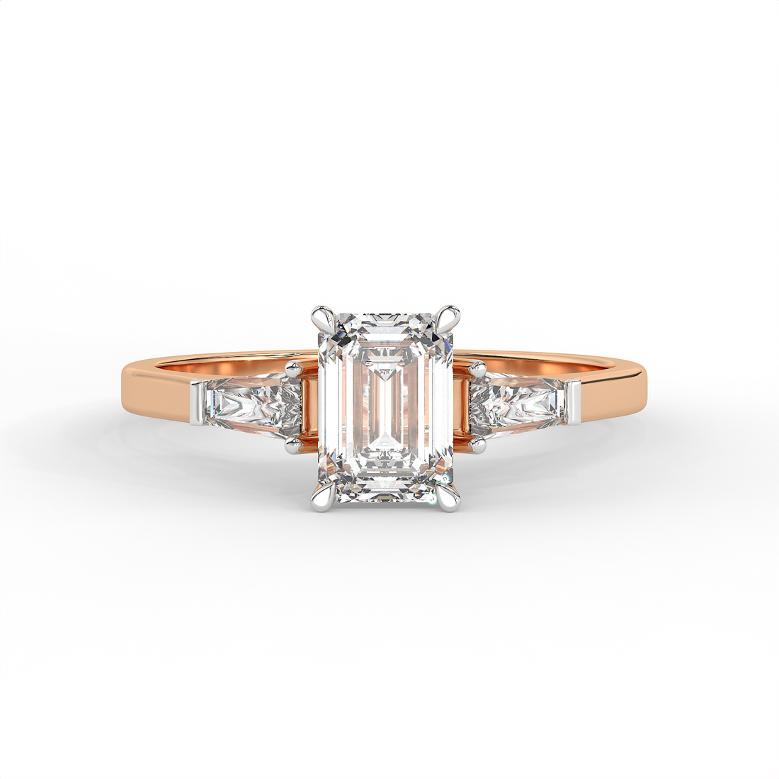 1.3 CT Emerald Cut Moissanite Trilogy Engagement Ring with Tapered Baguette Side Stones in 925 Sterling Silver