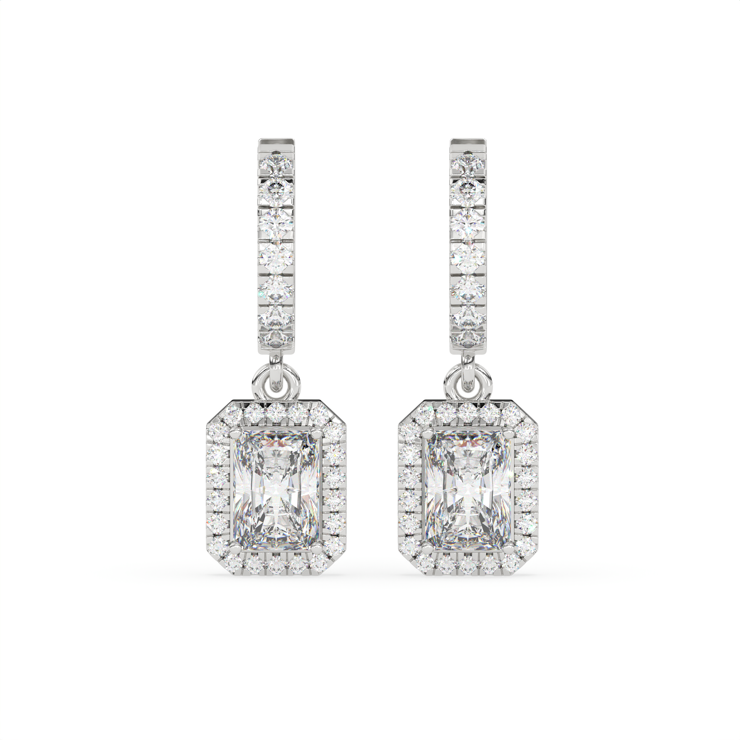 2.30 CT Emerald Cut Moissanite Halo Drop Earrings in 925 Sterling Silver with Gold Vermeil