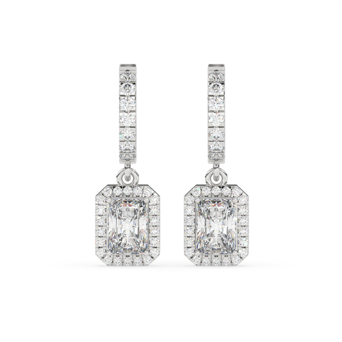 2.30 CT Emerald Cut Moissanite Halo Drop Earrings in 925 Sterling Silver with Gold Vermeil