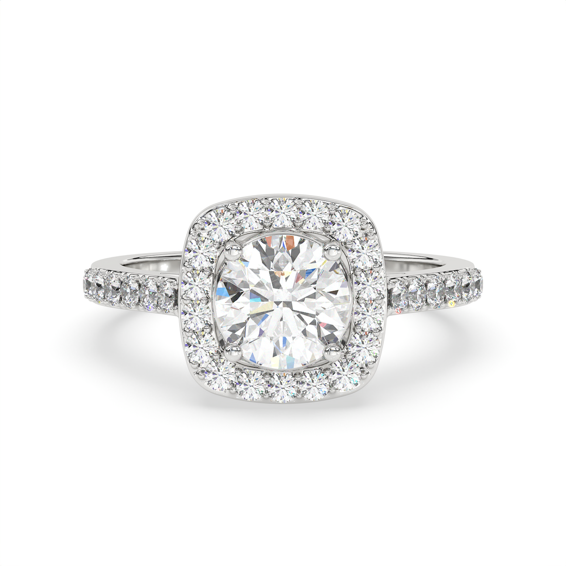 1.5 CT Round Cut Moissanite Halo Engagement Ring with Pavé Side Accents in 925 Sterling Silver with 14K Gold Vermeil Plating