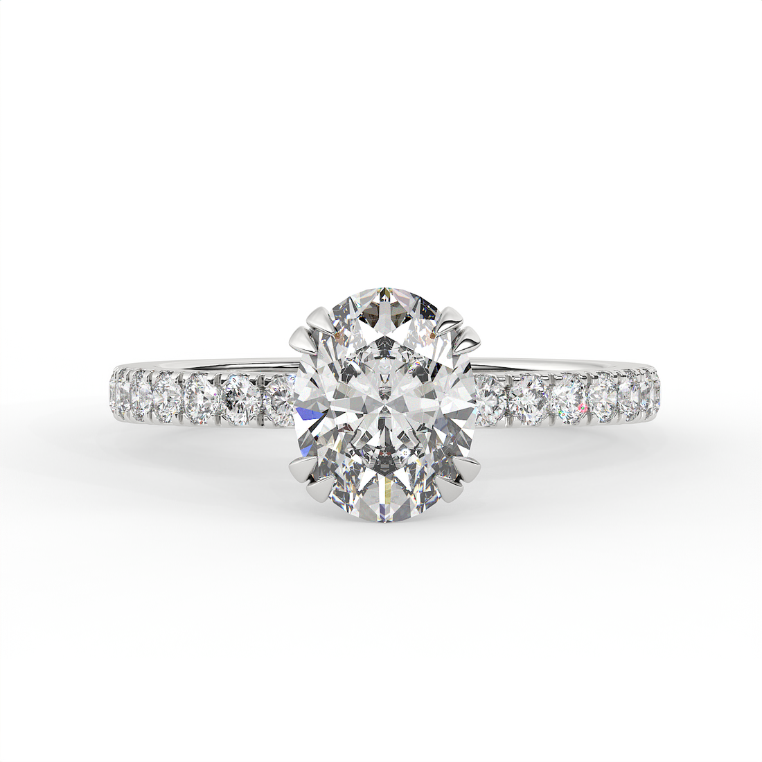 2.3 CT Oval Cut Moissanite Engagement Ring with Pavé Side Accents in 925 Sterling Silver with 14K Gold Vermeil Plating