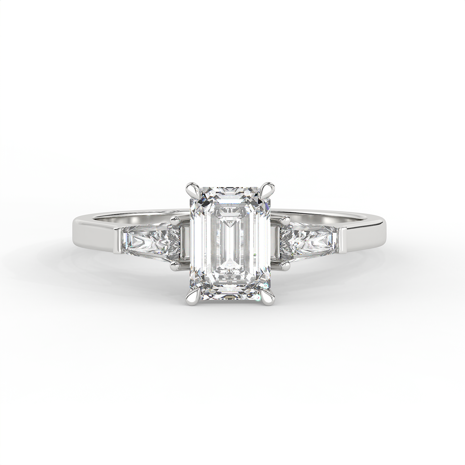 1.3 CT Emerald Cut Moissanite Trilogy Engagement Ring with Tapered Baguette Side Stones in 925 Sterling Silver