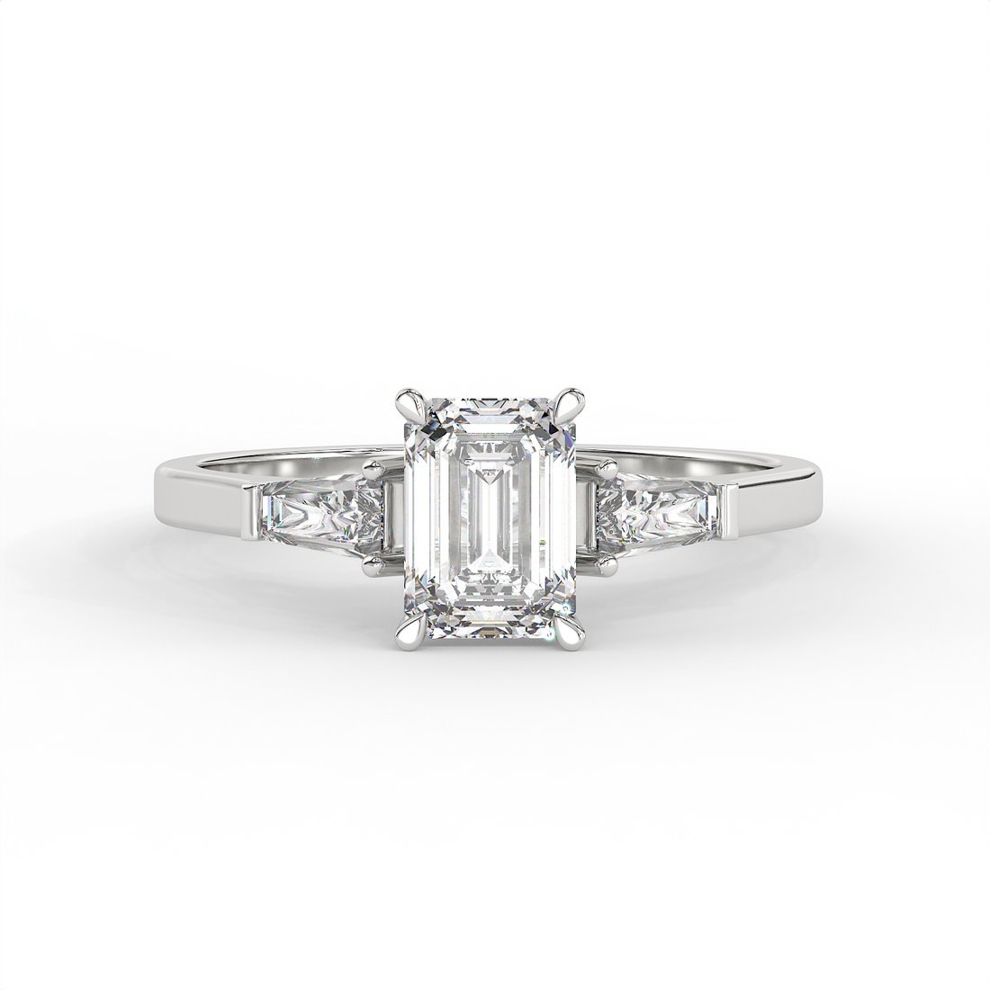 1.3 CT Emerald Cut Moissanite Trilogy Engagement Ring with Tapered Baguette Side Stones in 925 Sterling Silver