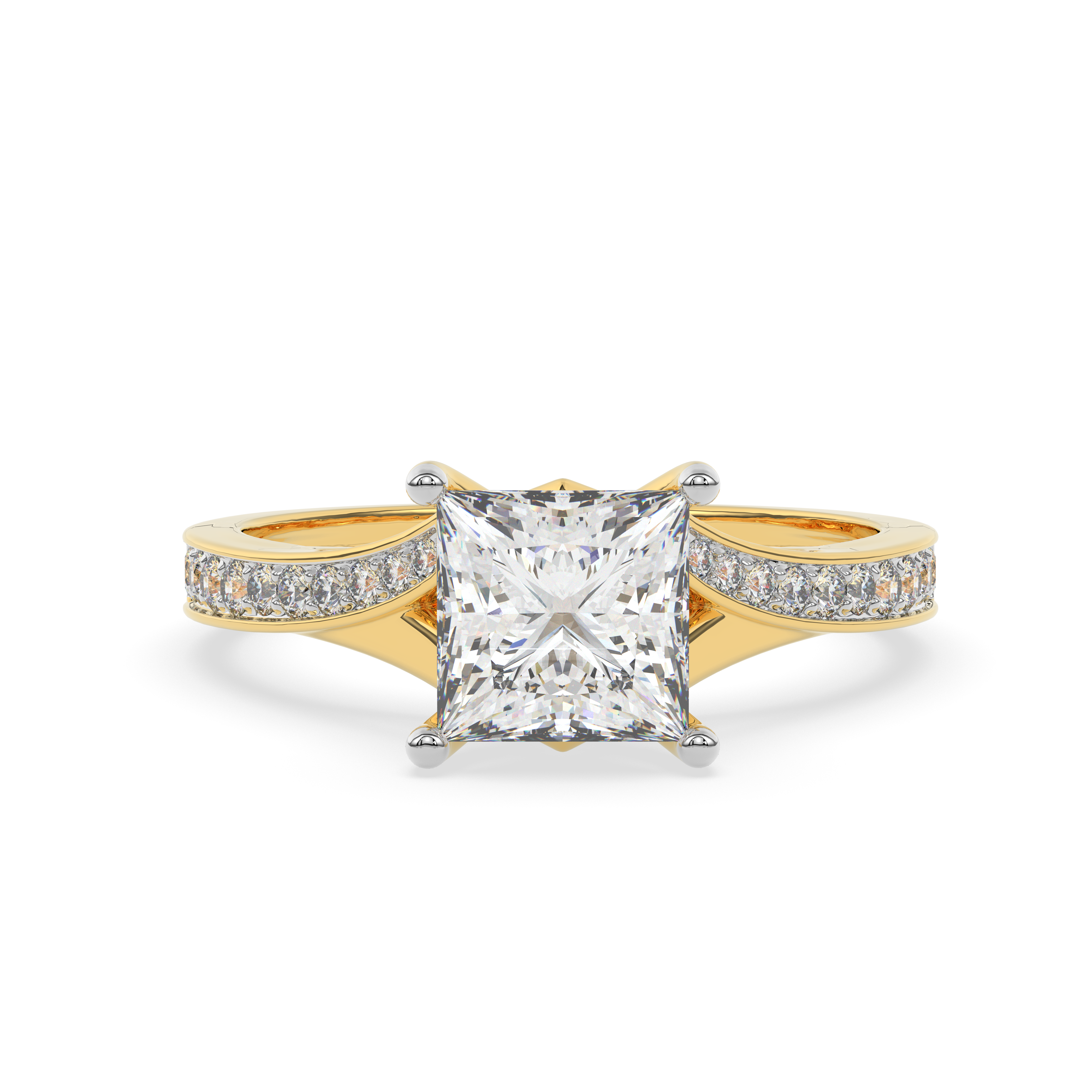 1.03 CARAT Square Moissanite Solitaire with Side Accents Engagement Ring in 14K Yellow Gold Plated