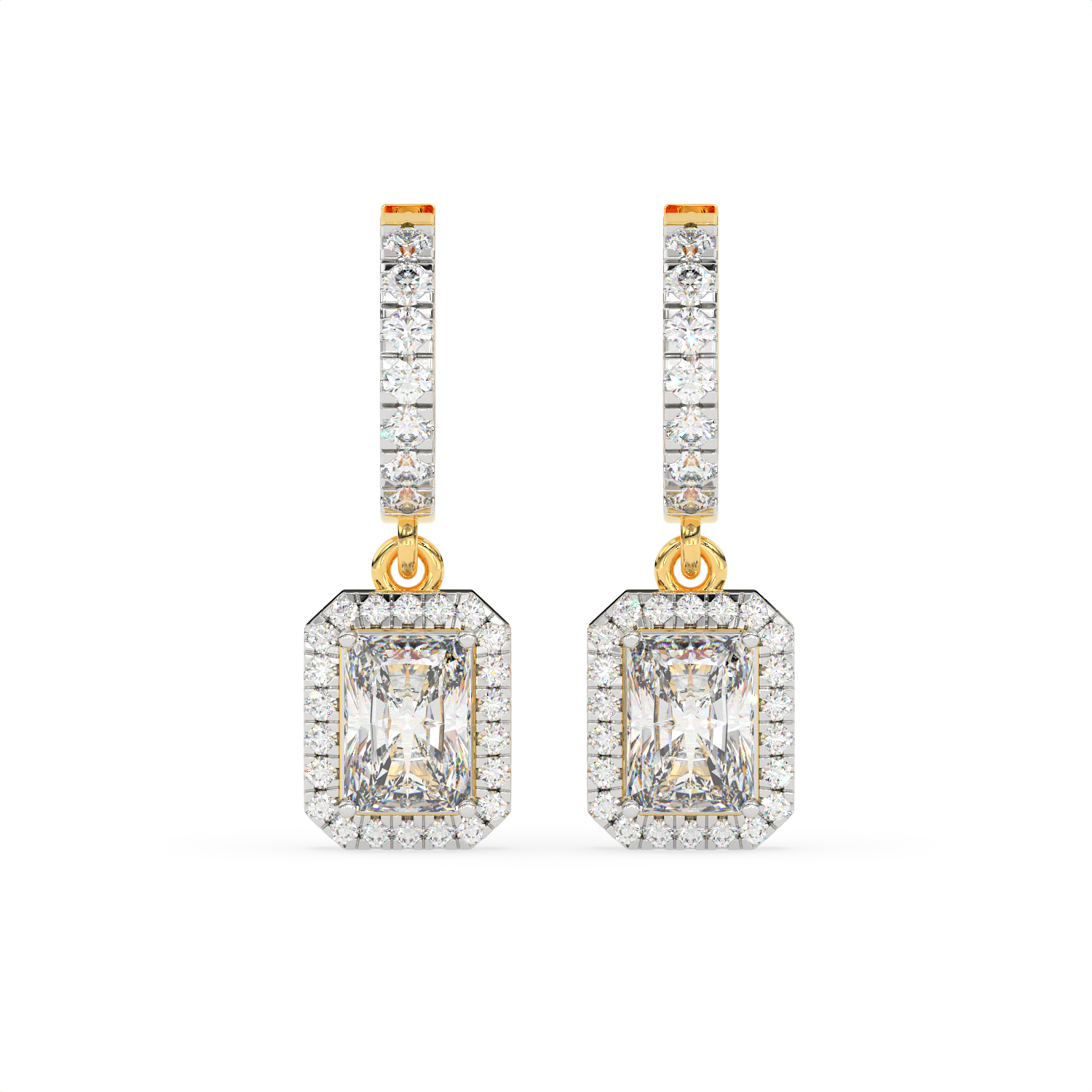 2.30 CT Emerald Cut Moissanite Halo Drop Earrings in 925 Sterling Silver with Gold Vermeil