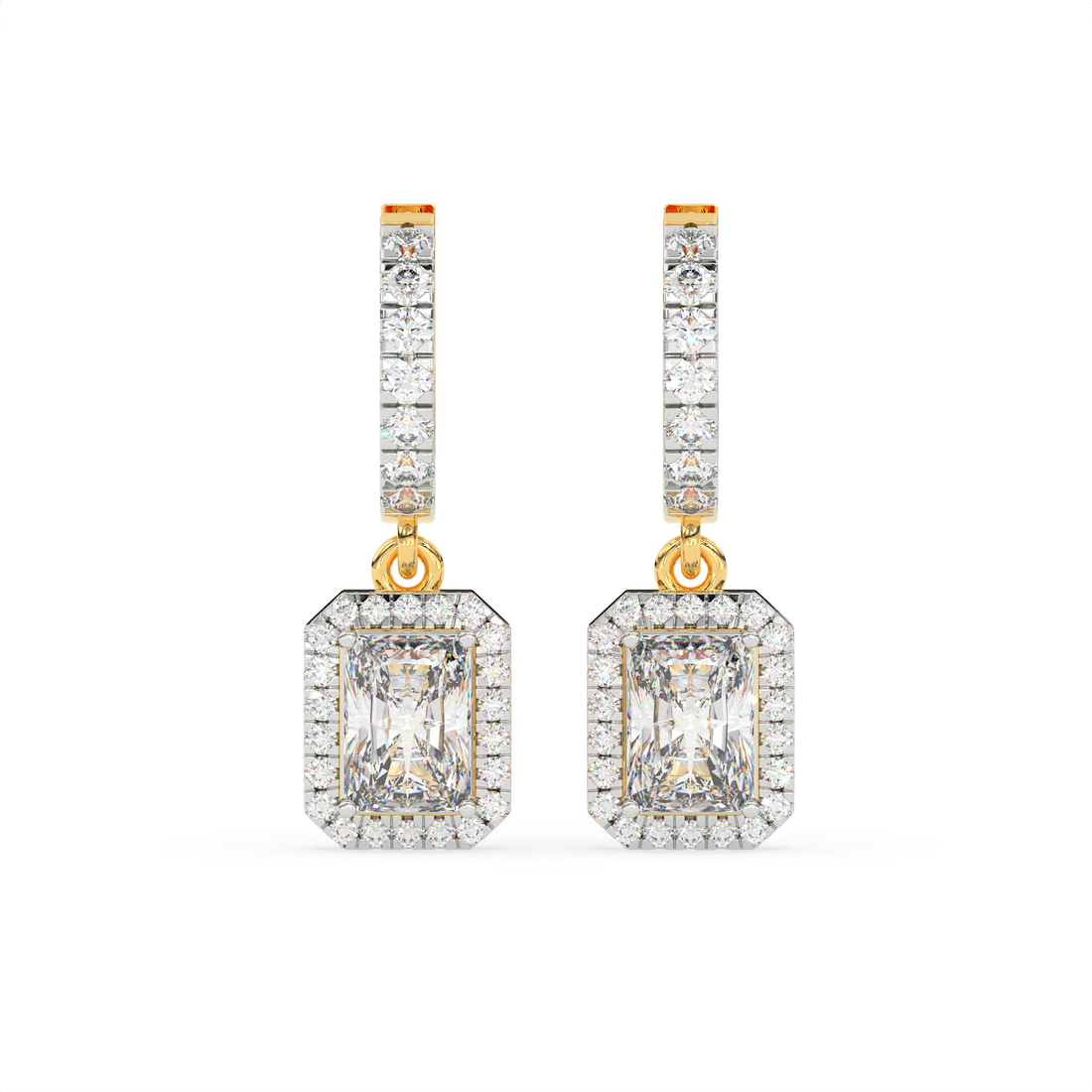 2.30 CT Emerald Cut Moissanite Halo Drop Earrings in 925 Sterling Silver with Gold Vermeil