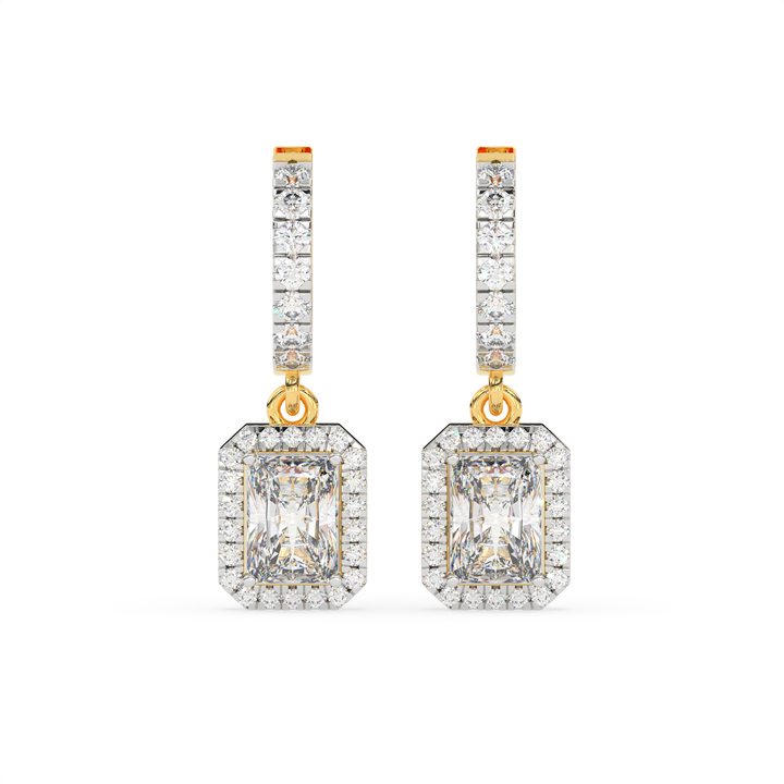 2.30 CT Emerald Cut Moissanite Halo Drop Earrings in 925 Sterling Silver with Gold Vermeil