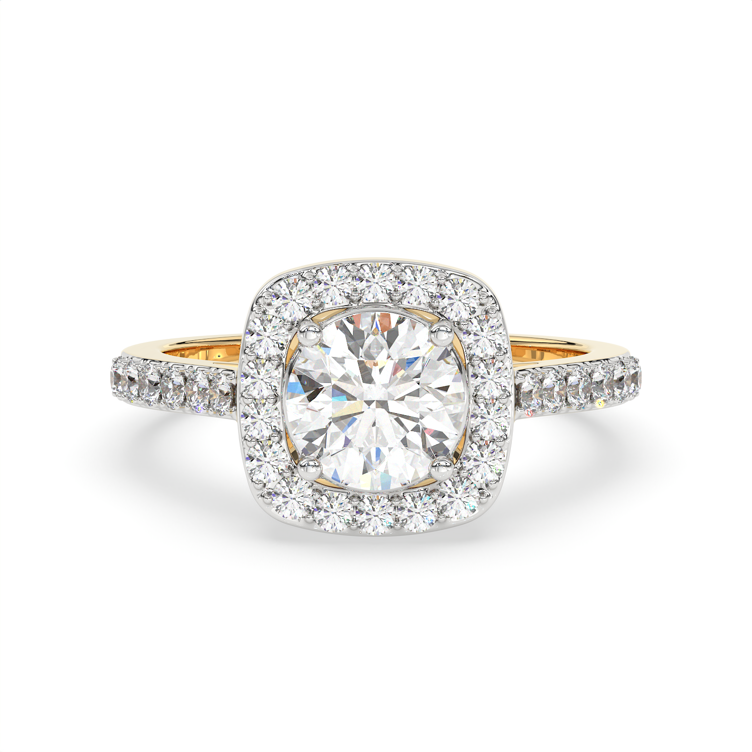 1.5 CT Round Cut Moissanite Halo Engagement Ring with Pavé Side Accents in 925 Sterling Silver with 14K Gold Vermeil Plating