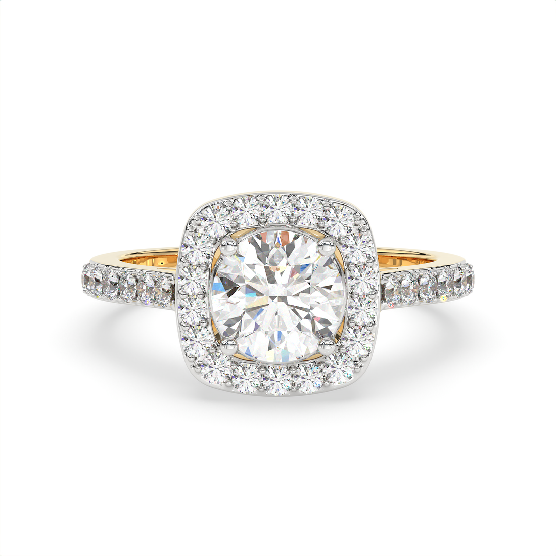 1.5 CT Round Cut Moissanite Halo Engagement Ring with Pavé Side Accents in 925 Sterling Silver with 14K Gold Vermeil Plating