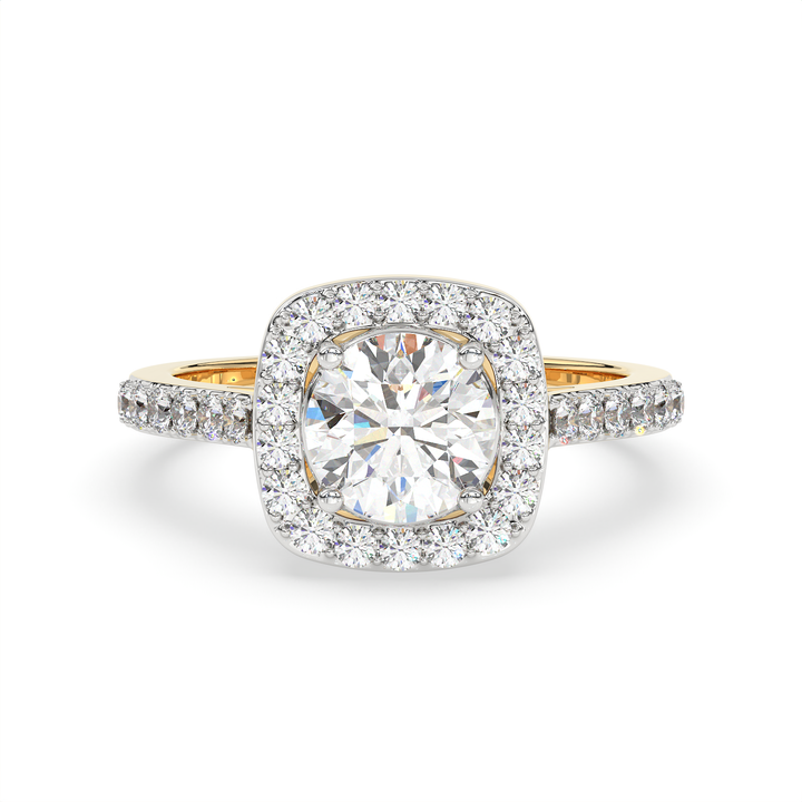 1.5 CT Round Cut Moissanite Halo Engagement Ring with Pavé Side Accents in 925 Sterling Silver with 14K Gold Vermeil Plating