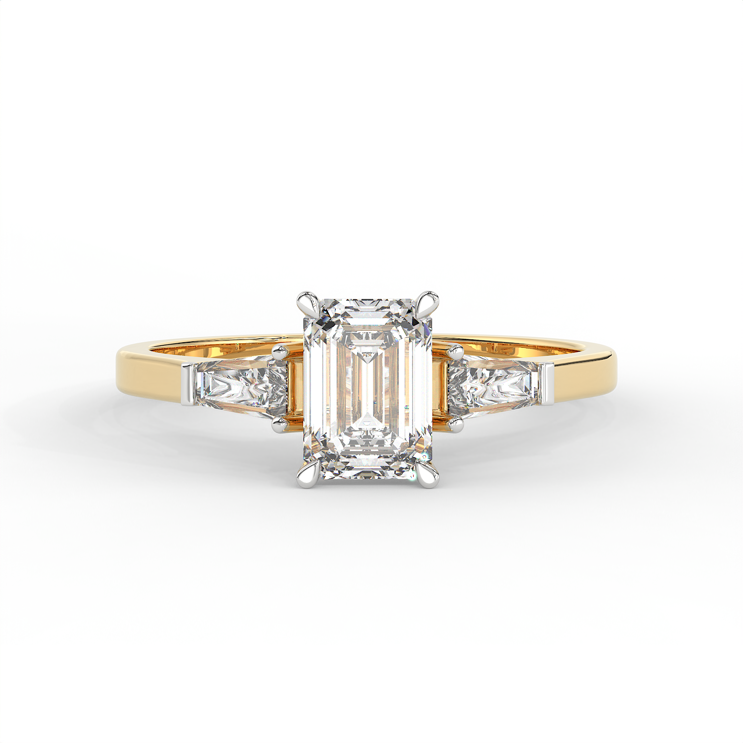 1.3 CT Emerald Cut Moissanite Trilogy Engagement Ring with Tapered Baguette Side Stones in 925 Sterling Silver