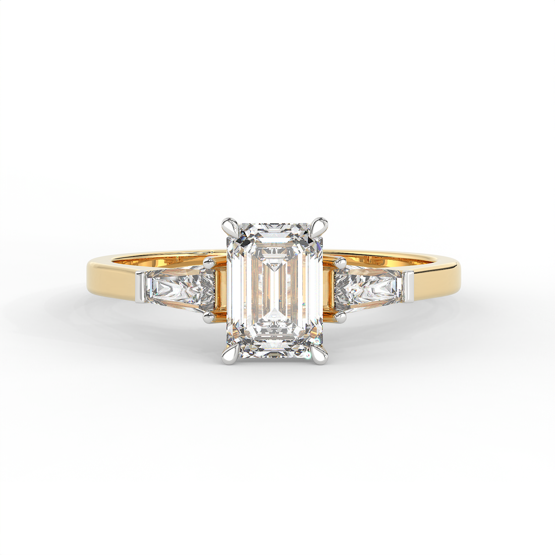 1.3 CT Emerald Cut Moissanite Trilogy Engagement Ring with Tapered Baguette Side Stones in 925 Sterling Silver