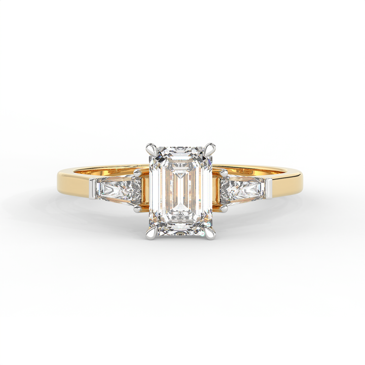 1.3 CT Emerald Cut Moissanite Trilogy Engagement Ring with Tapered Baguette Side Stones in 925 Sterling Silver