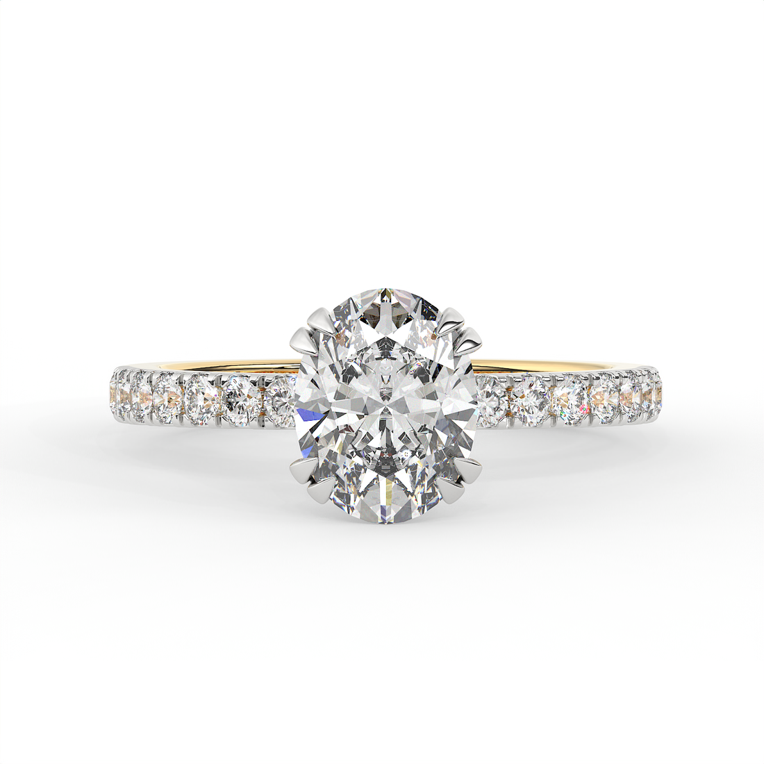 2.3 CT Oval Cut Moissanite Engagement Ring with Pavé Side Accents in 925 Sterling Silver with 14K Gold Vermeil Plating