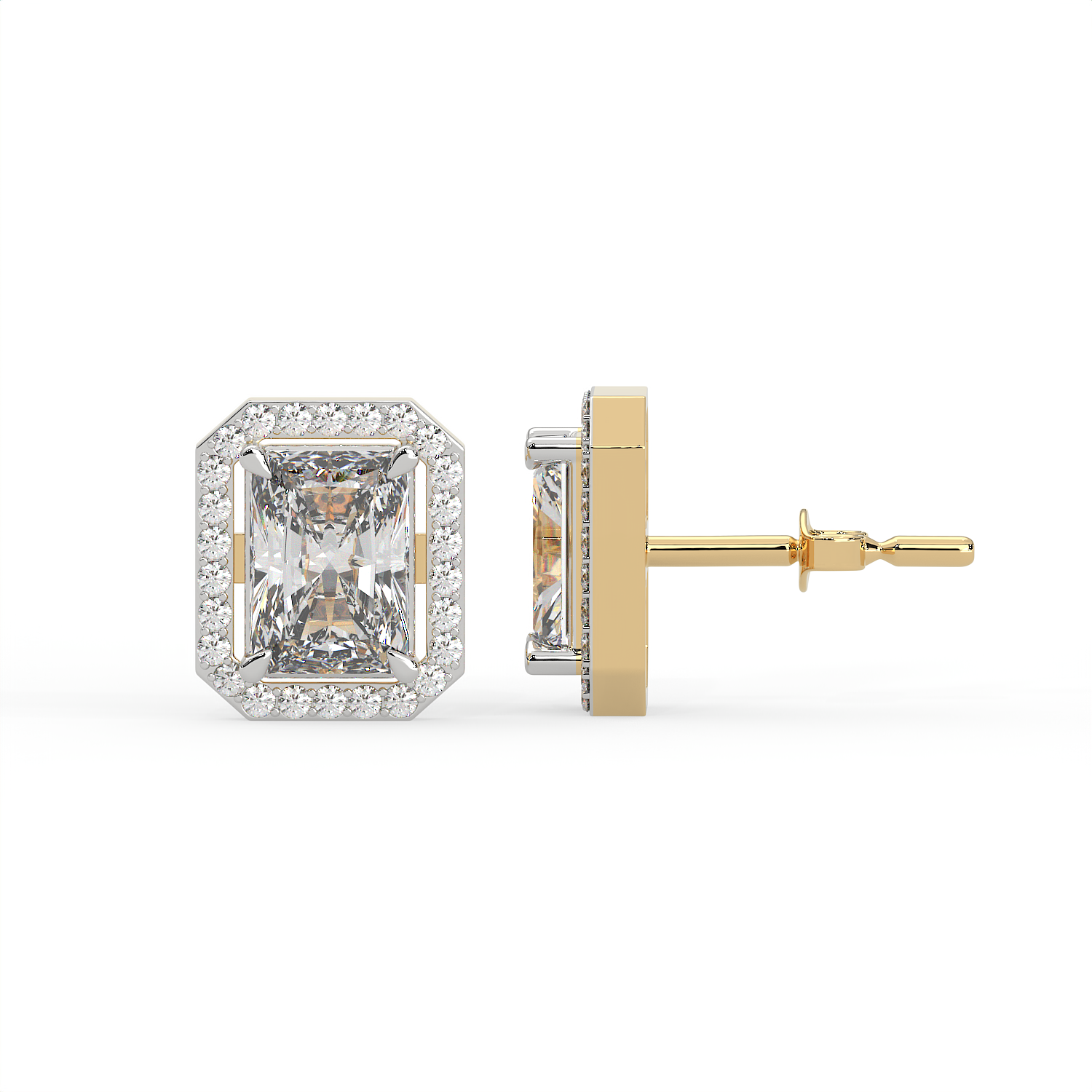 2.5 CT Radiant Cut Moissanite Halo Stud Earrings 925 Sterling Silver with Gold Vermeil
