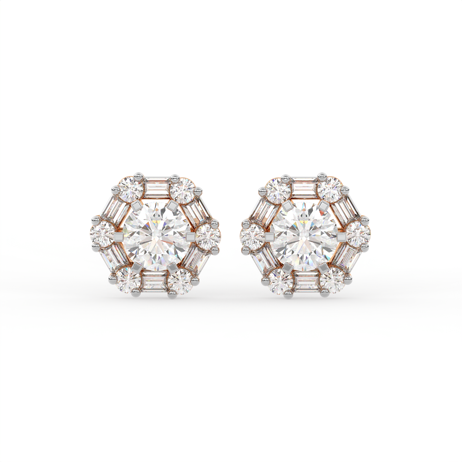 3 CT Round Halo Moissanite Stud Earrings with Baguette Stones in 925 Sterling Silver