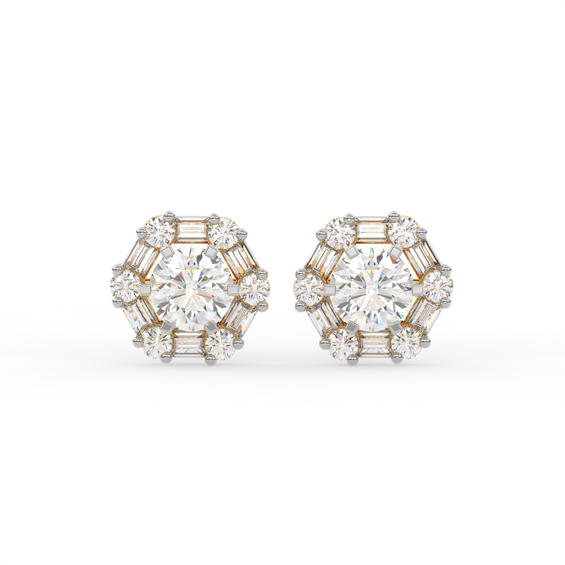 3 CT Round Halo Moissanite Stud Earrings with Baguette Stones in 925 Sterling Silver