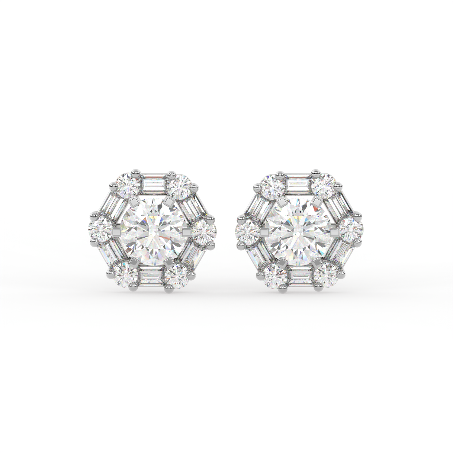 3 CT Round Halo Moissanite Stud Earrings with Baguette Stones in 925 Sterling Silver