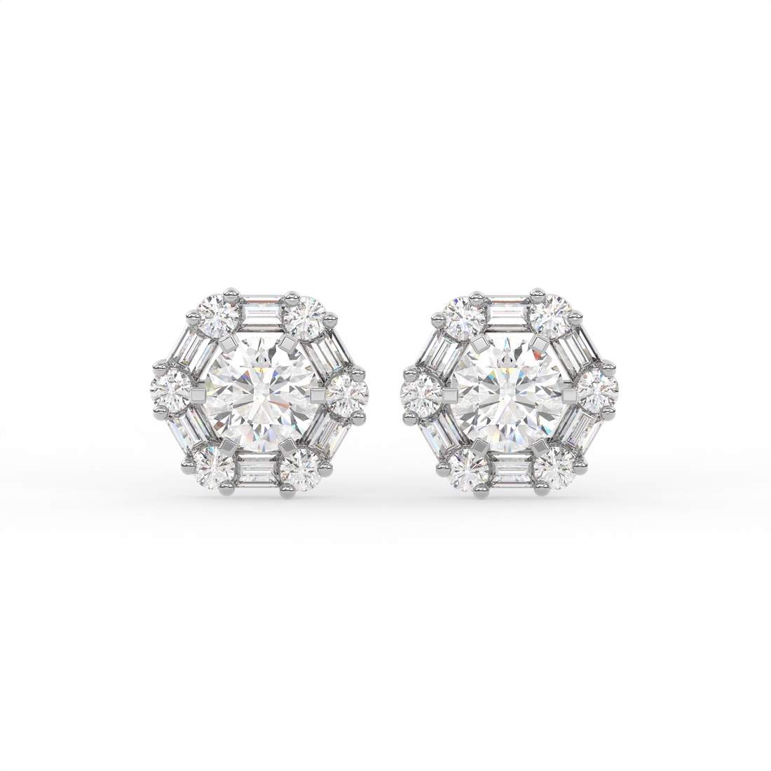 3 CT Round Halo Moissanite Stud Earrings with Baguette Stones in 925 Sterling Silver