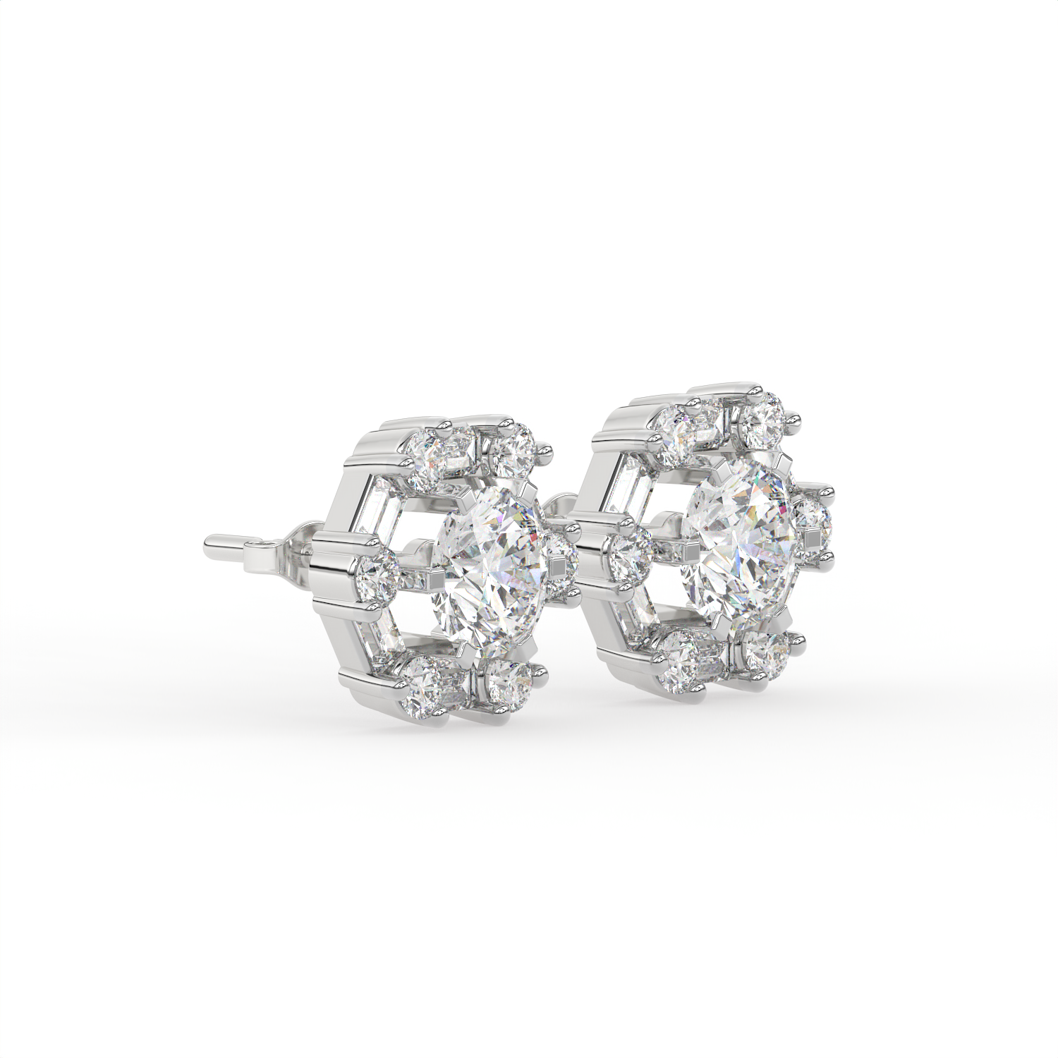 3 CT Round Halo Moissanite Stud Earrings with Baguette Stones in 925 Sterling Silver