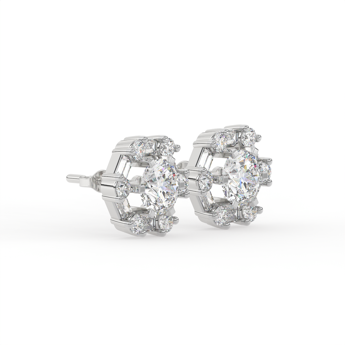 3 CT Round Halo Moissanite Stud Earrings with Baguette Stones in 925 Sterling Silver