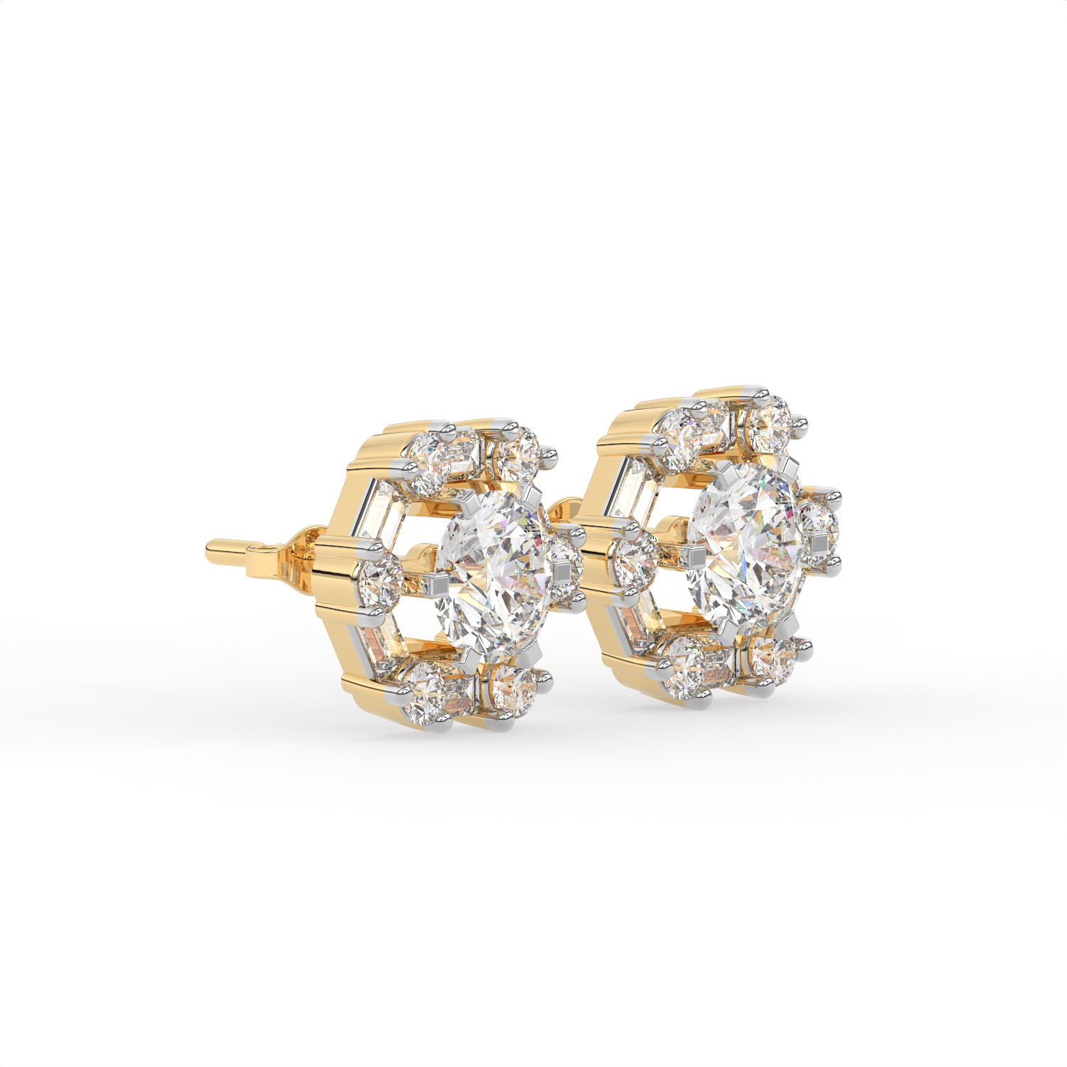 3 CT Round Halo Moissanite Stud Earrings with Baguette Stones in 925 Sterling Silver