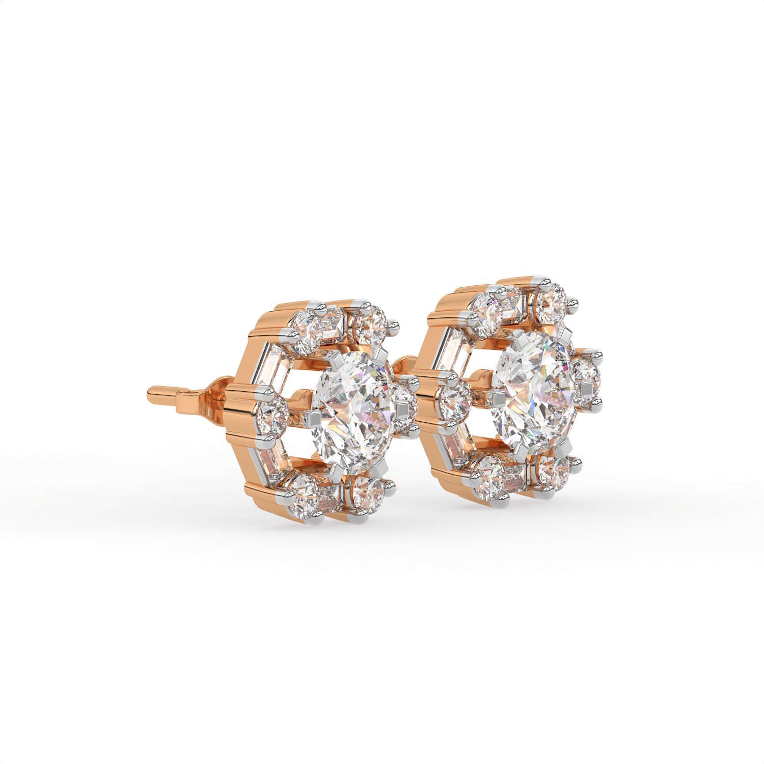 3 CT Round Halo Moissanite Stud Earrings with Baguette Stones in 925 Sterling Silver
