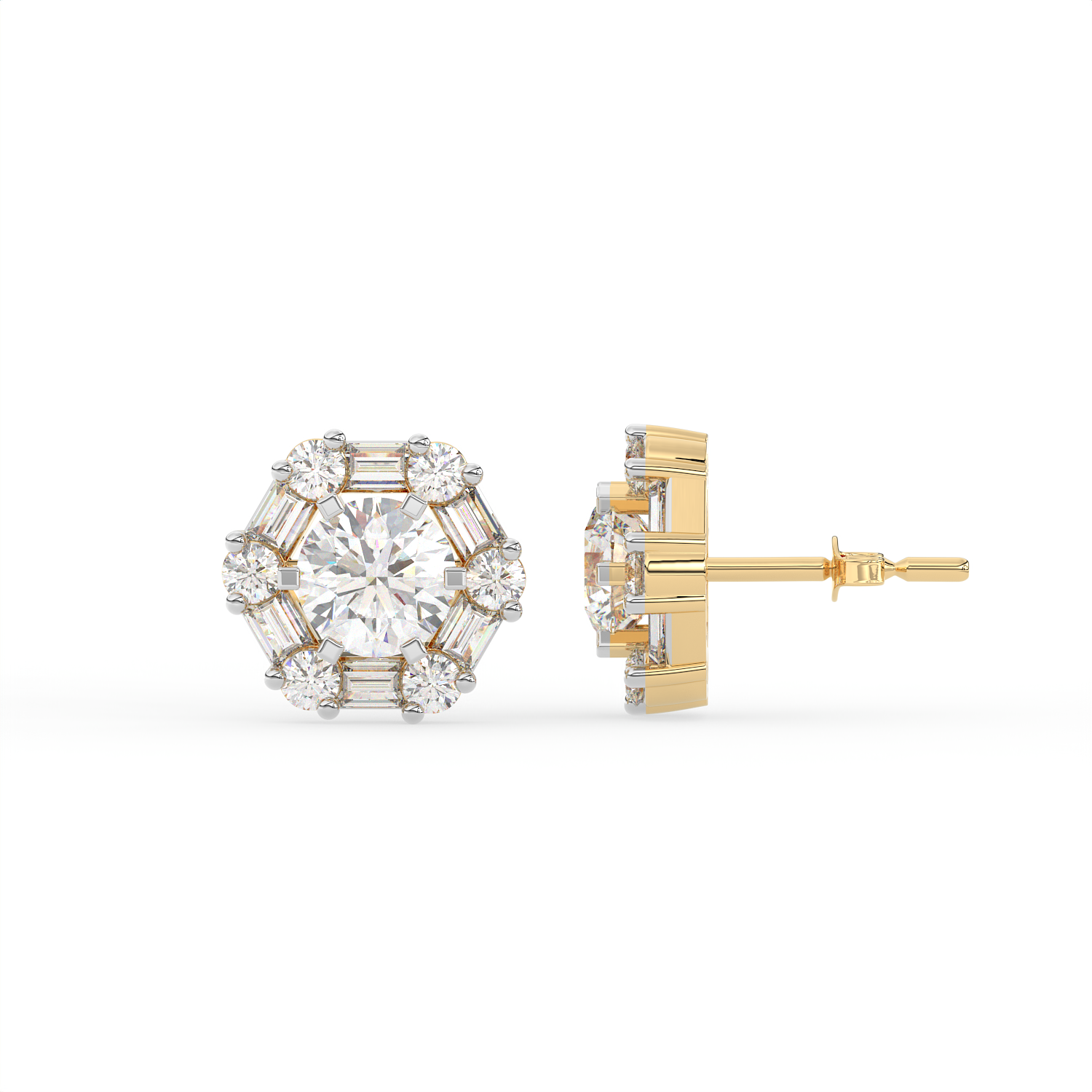 3 CT Round Halo Moissanite Stud Earrings with Baguette Stones in 925 Sterling Silver