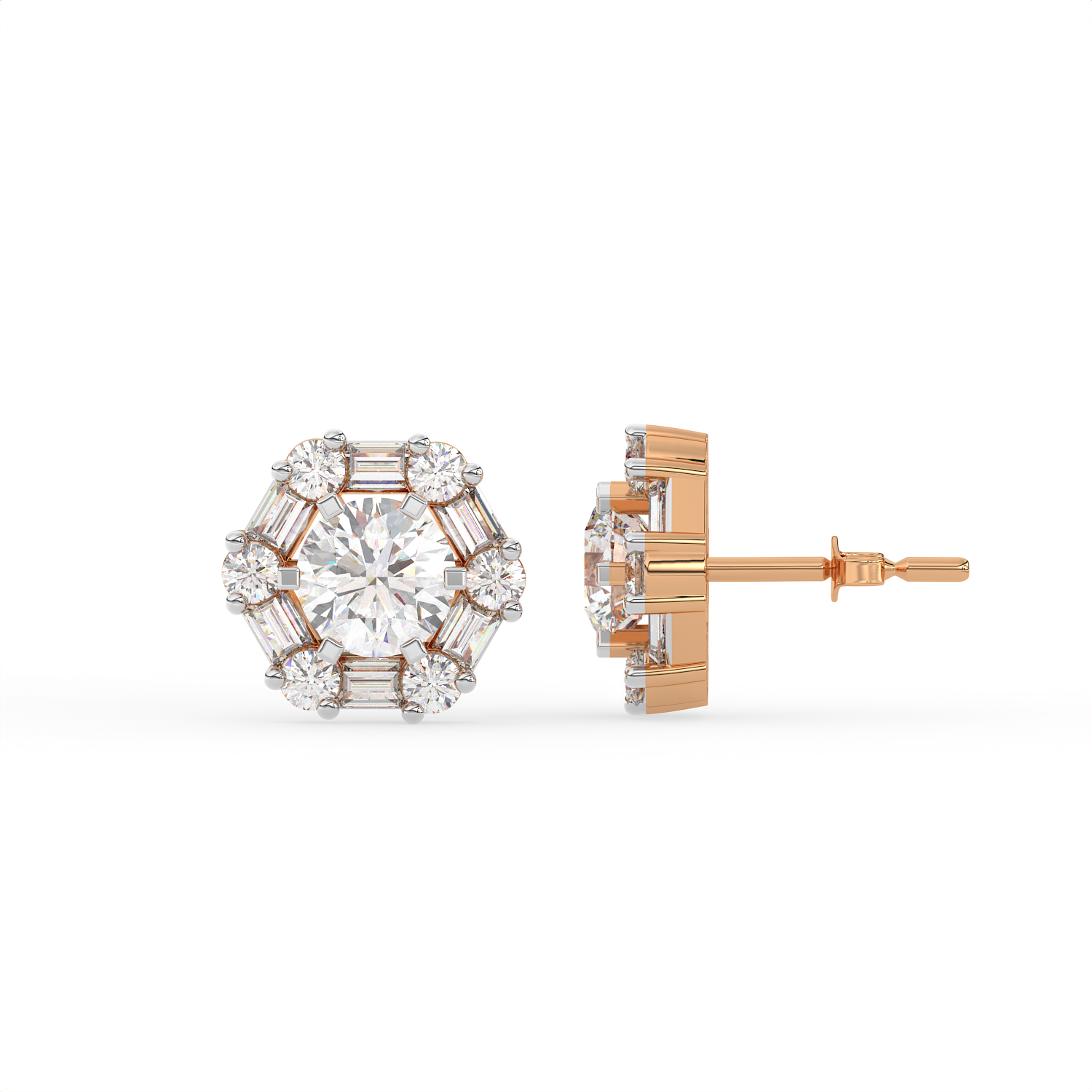 3 CT Round Halo Moissanite Stud Earrings with Baguette Stones in 925 Sterling Silver
