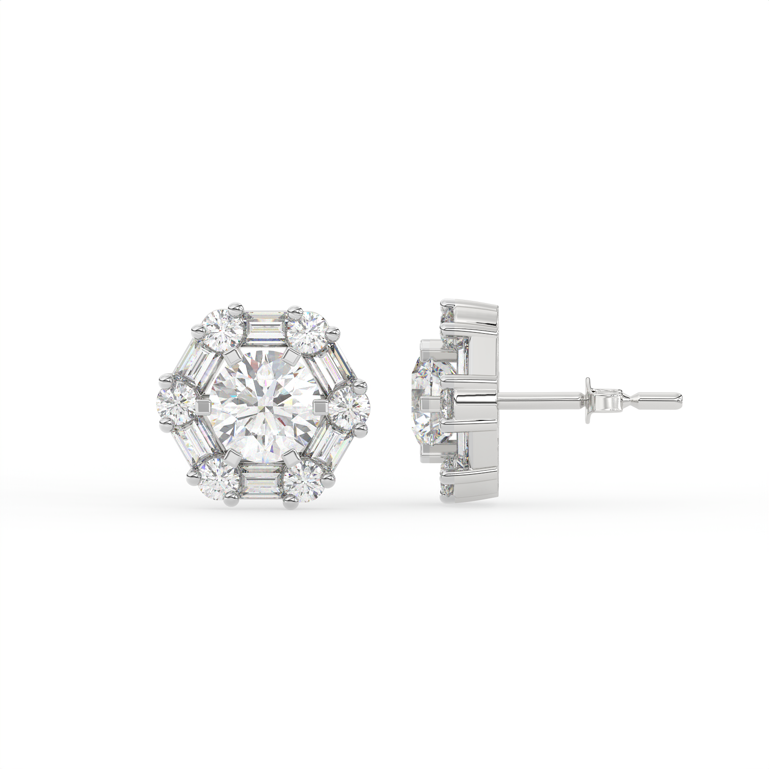 3 CT Round Halo Moissanite Stud Earrings with Baguette Stones in 925 Sterling Silver