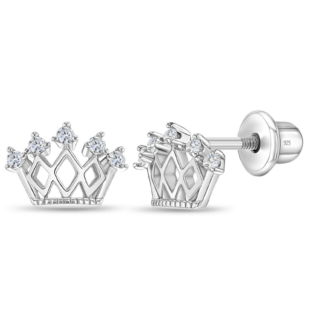 Sterling Silver 5-Point CZ Crown Earrings for Girls with Cubic Zirconia