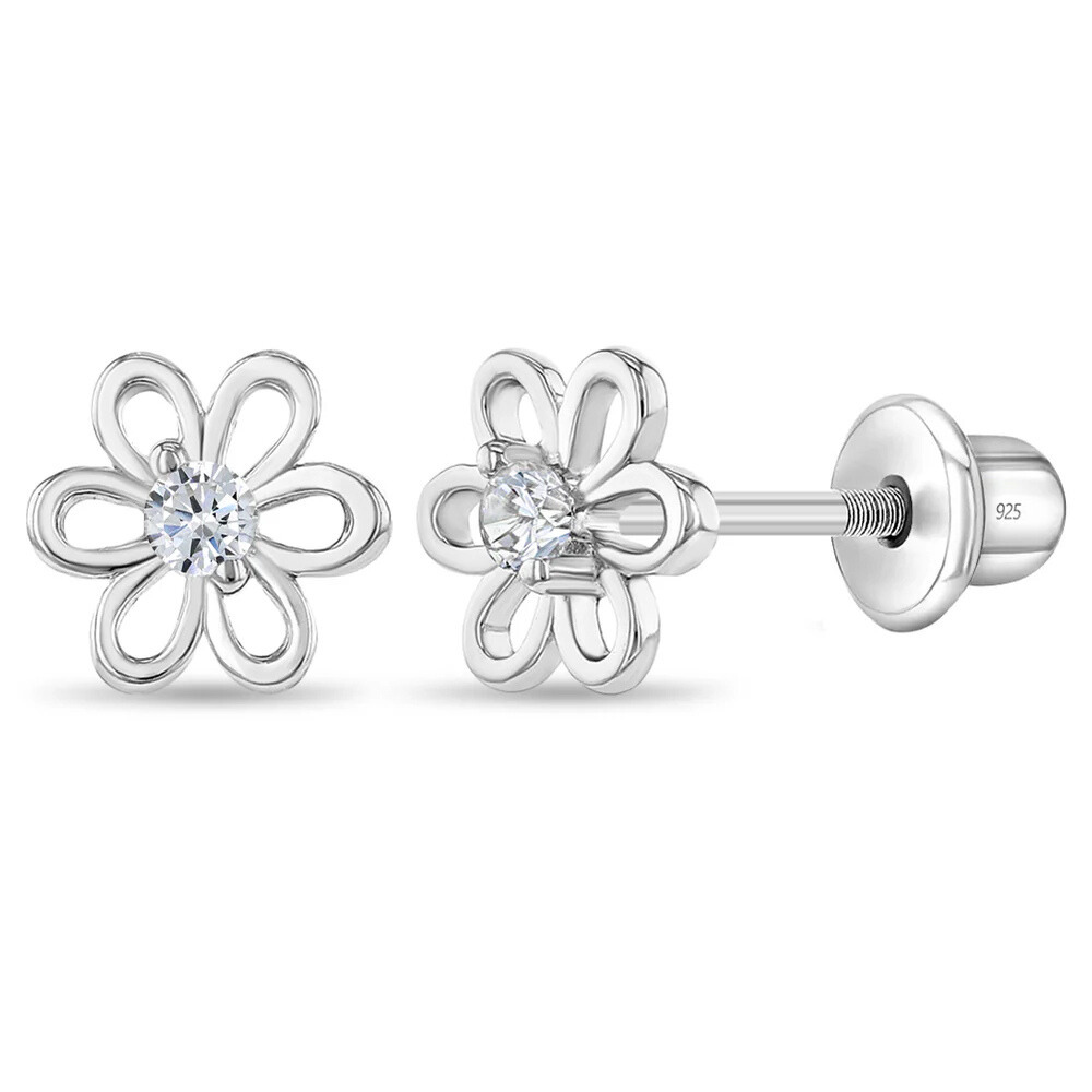 Blooming Spring Flower Earrings for Children with Cubic Zirconia and Sterling Silver