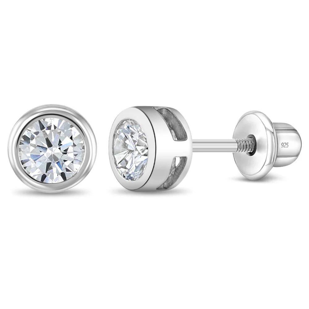 Sterling Silver Round Bezel Stud Earrings for Girls with Cubic Zirconia