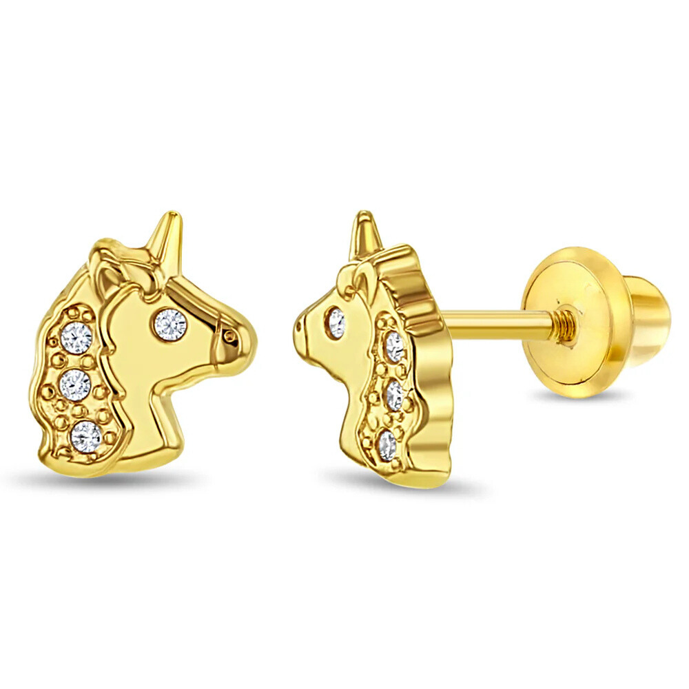 14K Gold Plated Sterling Silver Unicorn Earrings with Sparkling CZ for Girls