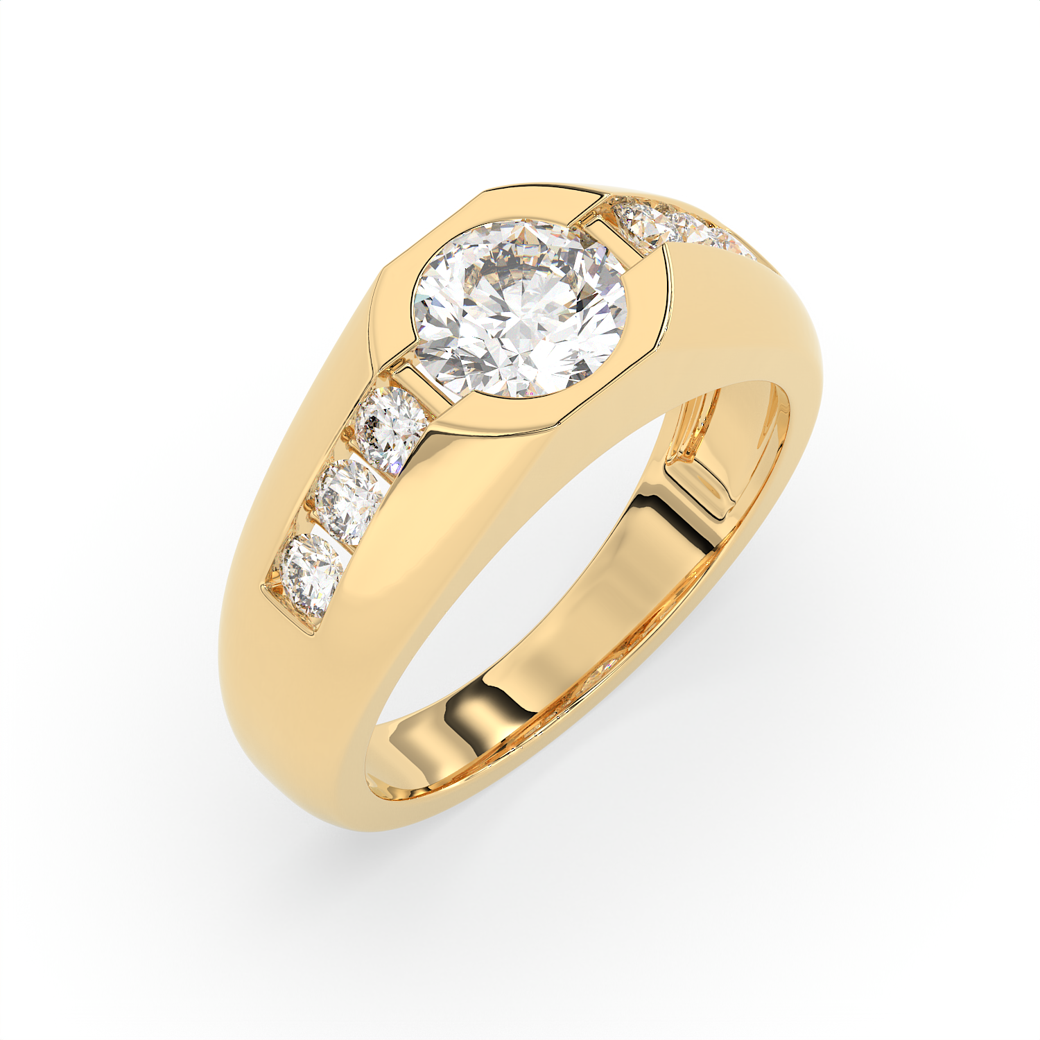 2.5 CT Round Cut Moissanite Men's Signet Ring with Solitaire with Side Stones in 925 Sterling Silver with 14K Gold Vermeil Plating