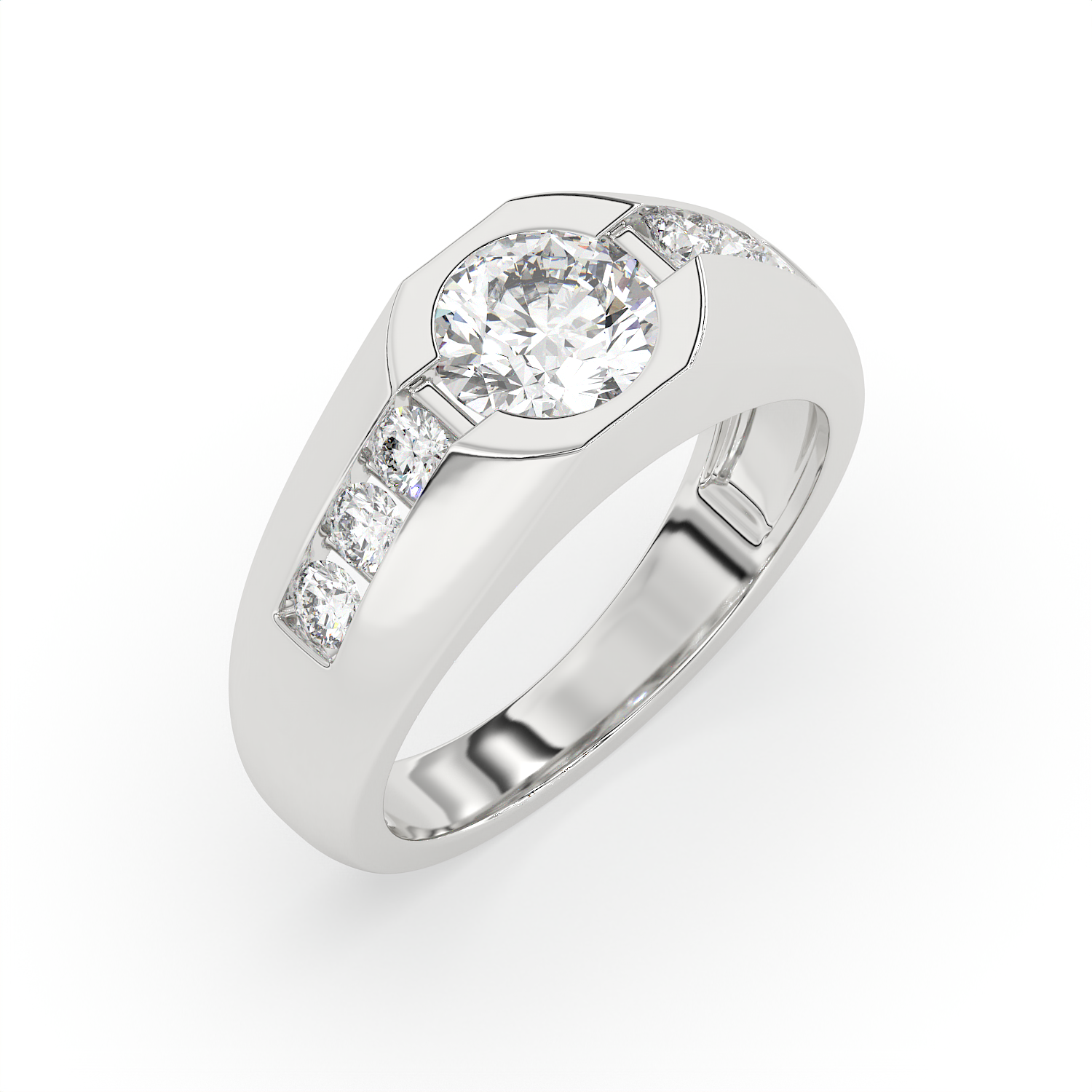 2.5 CT Round Cut Moissanite Men's Signet Ring with Solitaire with Side Stones in 925 Sterling Silver with 14K Gold Vermeil Plating