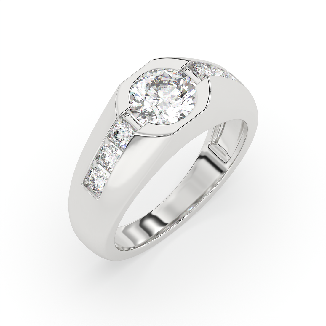 2.5 CT Round Cut Moissanite Men's Signet Ring with Solitaire with Side Stones in 925 Sterling Silver with 14K Gold Vermeil Plating