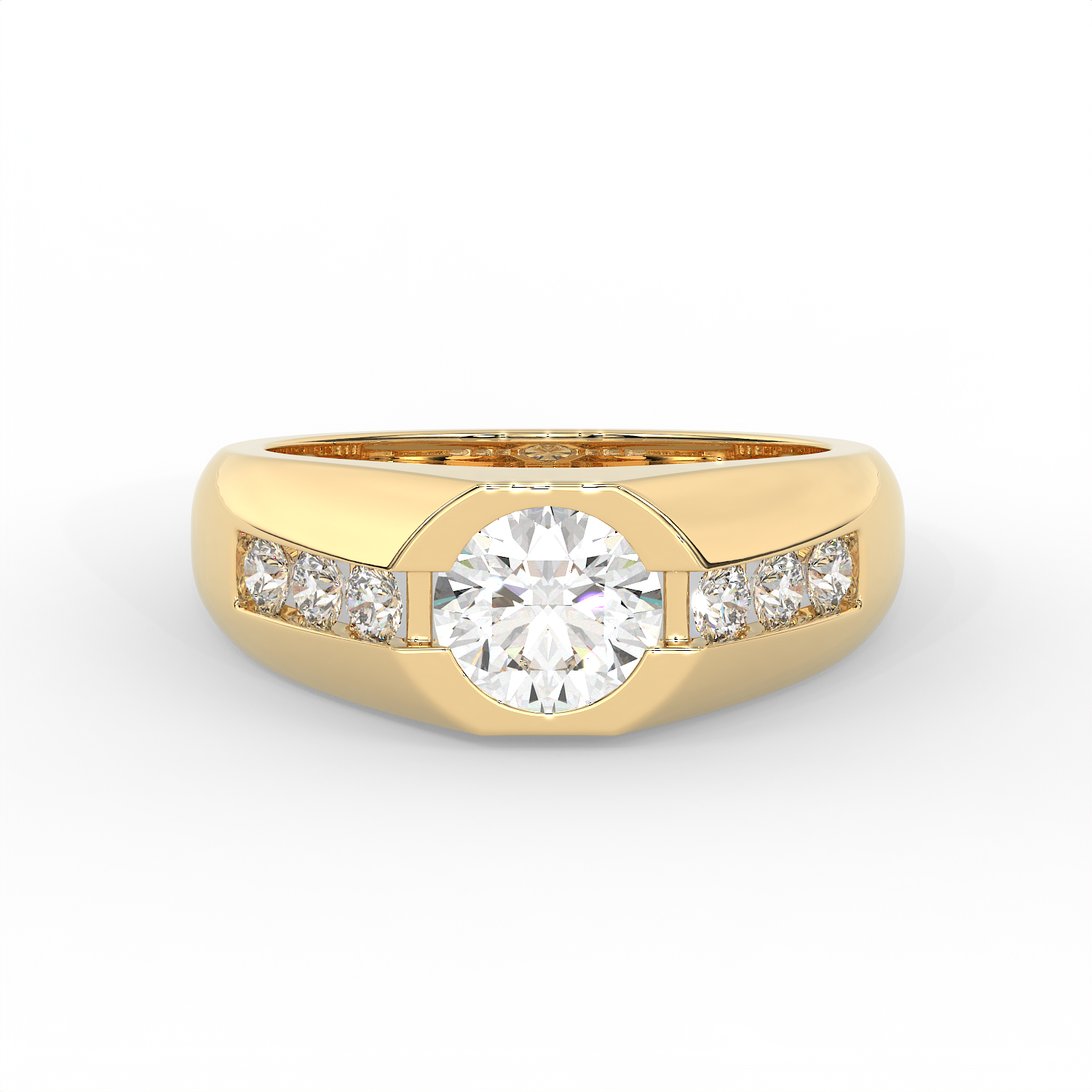 2.5 CT Round Cut Moissanite Men's Signet Ring with Solitaire with Side Stones in 925 Sterling Silver with 14K Gold Vermeil Plating