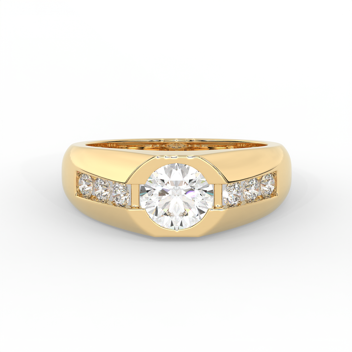 2.5 CT Round Cut Moissanite Men's Signet Ring with Solitaire with Side Stones in 925 Sterling Silver with 14K Gold Vermeil Plating