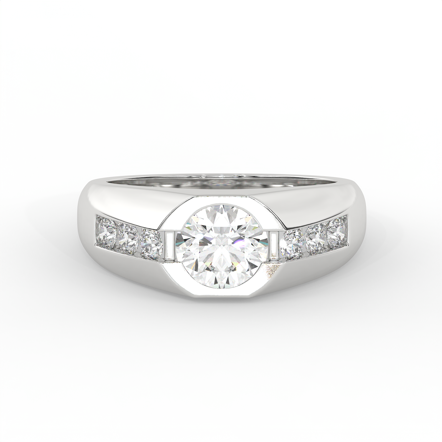 2.5 CT Round Cut Moissanite Men's Signet Ring with Solitaire with Side Stones in 925 Sterling Silver with 14K Gold Vermeil Plating