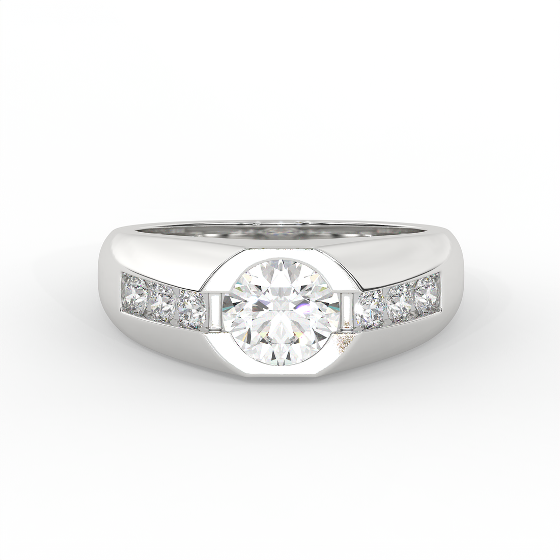 2.5 CT Round Cut Moissanite Men's Signet Ring with Solitaire with Side Stones in 925 Sterling Silver with 14K Gold Vermeil Plating