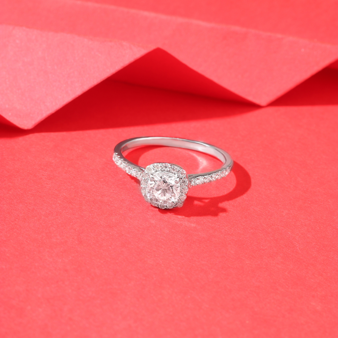 Cushion Moissanite Halo with Side Accents Ring - 1 CARAT in 14K Yellow Gold Plated