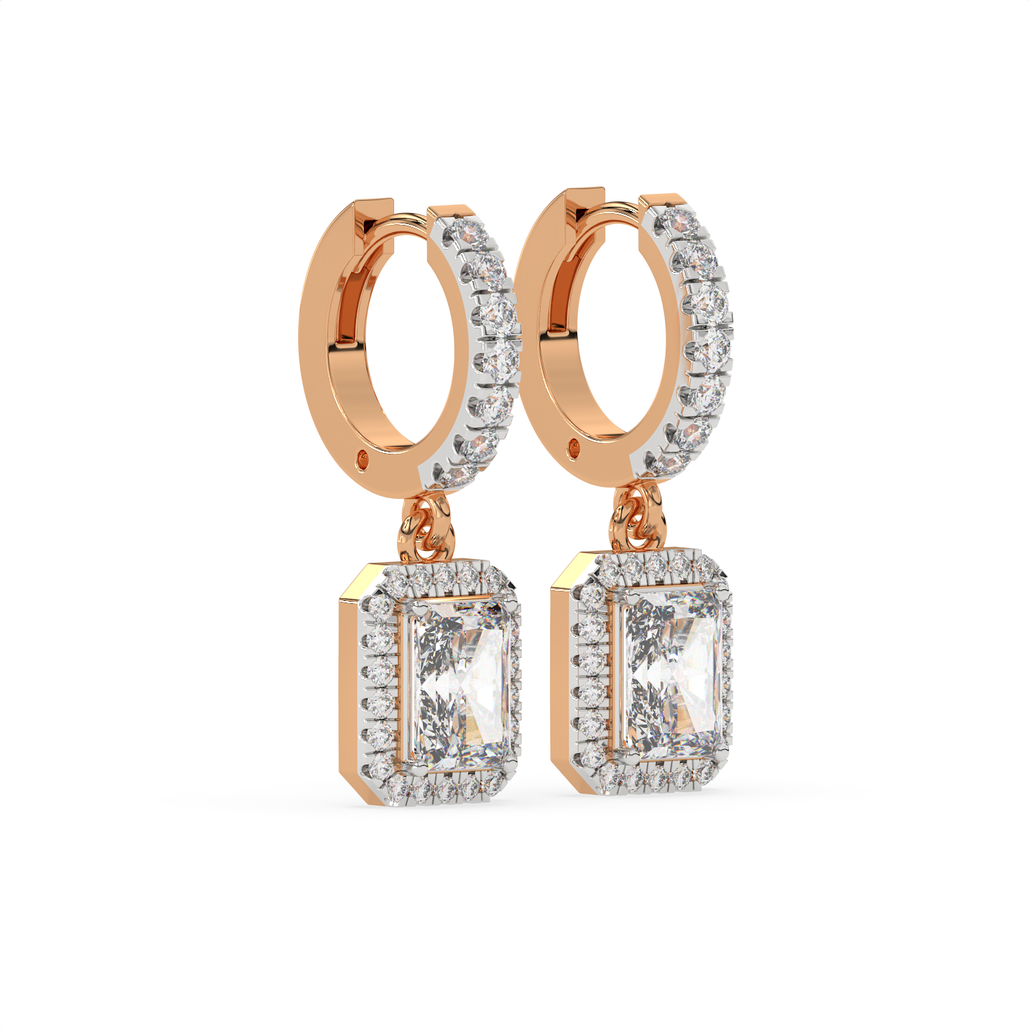2.30 CT Emerald Cut Moissanite Halo Drop Earrings in 925 Sterling Silver with Gold Vermeil