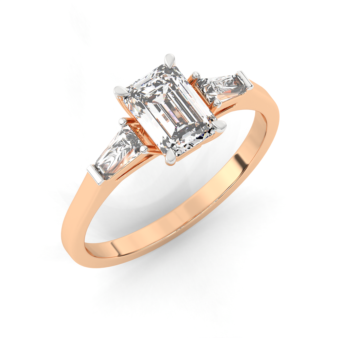 1.3 CT Emerald Cut Moissanite Trilogy Engagement Ring with Tapered Baguette Side Stones in 925 Sterling Silver